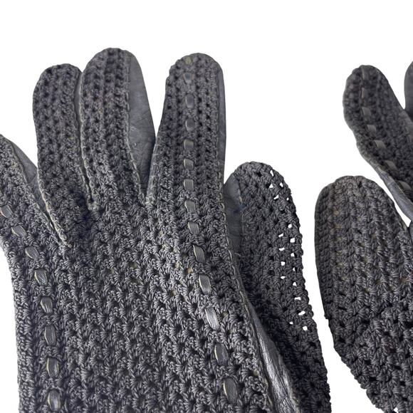 Vintage 80s Black Leather Crochet Driving Gloves Small Lightweight Open Knit - Picture 11 of 16